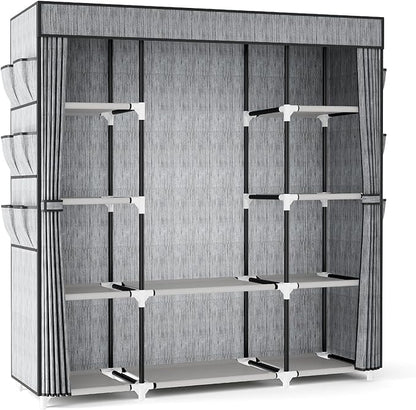 VTRIN Portable Closet Wardrobe for Hanging Clothes 57.3 Inch Large Capacity Clothes Rack with Cover, 10 Storage Organizer Shelves, 1 Hanging Rods and 6 Pockets, Free Standing Closet, Printing