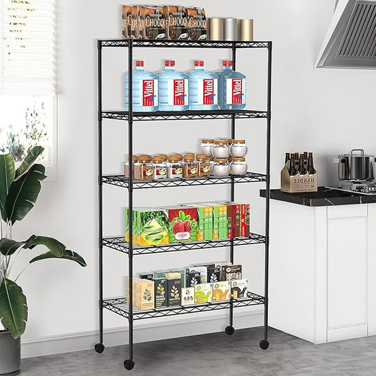 5-Tier Wire Shelves 61" H x 30" x 14" Metal Storage Shelves Adjustable Wire Shelving Rack with Wheels & Leveling Feet NSF Metal Shelf Unit for Kitchen Pantry, 1200Lb Capacity, Black