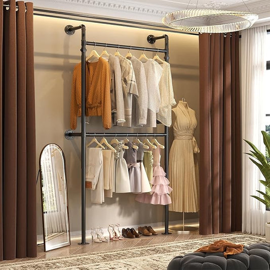 Aheaplus Industrial Pipe Clothing Rack, Reversible 3.5FT Clothes Rack for Hanging Clothes, Heavy Duty Garment Racks, Wall Mounted Closet Wardrobe Racks, Small Walk-in Closet System, Black