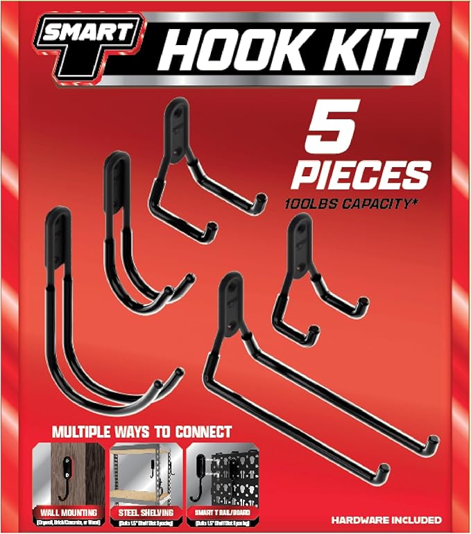 Smart T Garage Storage Hook Kit | 5 Piece Tool Organizer - Heavy Duty Organizer Wall Mount or Shelving Hooks