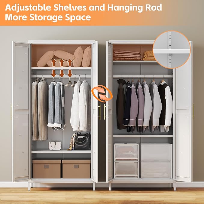 Aobabo 2 Door Metal Wardrobe Cabinet with Hanging Rod, Metal Wardrobe Closet with 2 Adjustable Shelves, Storage Lockers for Home,Office,Installation Required, White