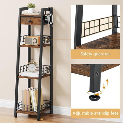 4-Tier Narrow Ladder Shelf with Drawer, Bathroom Table Stand for Small Space, Narrow Bathroom Standing Shelves with Storage for Living Room Bedroom Kitchen, Organizer Shelf, Rustic Brown