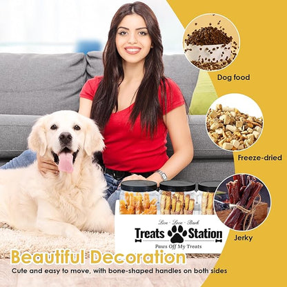 Dog Treat Container, Food Storage Container with 3 Plastic Dog Treat Jars, Reusable Cat Treat Container, Pet Treat Storage Organizer, Wood Dog Treat Holder, Dog Food Container for Dog Cat(white)
