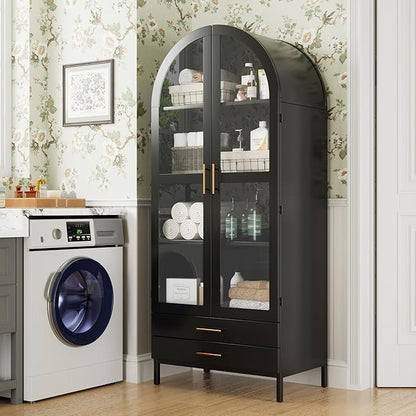 Metal Arched Pantry Cabinet with 2 Drawers and Glass Doors,Black Arched Bookcase with 2 Adjustable Shelf for Kitchen Home Office,Installation Required,Black