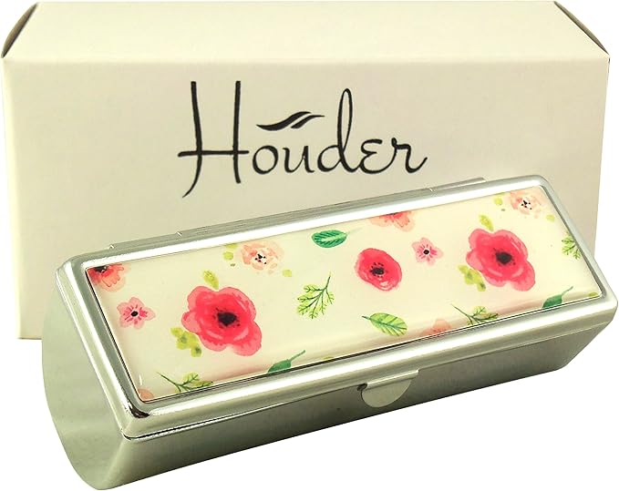 Houder Designer Lipstick Case with Mirror for Purse - Decorative Lipstick Holder with Gift Box - Velvet Lined - Protect Your Lipsticks in Style (Red Flowers)