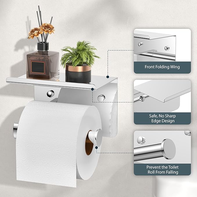 Toilet Paper Holder with Shelf, Adhesive or Screw Wall Mount Toilet Paper Roll Holder for Bathroom, Rustproof 304 Stainless Steel Toilet Roll Tissue Holder Dispenser with Phone Shelf (2, Chrome)