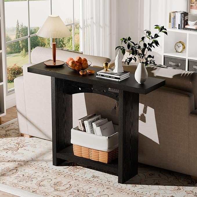 43" Console Table with Charging Station, Farmhouse Entryway Table, Entryway Table with Storage for Living Room or Foyer, Sofa Table for Hallway with Anti-Tip, Easy Assembly, Black