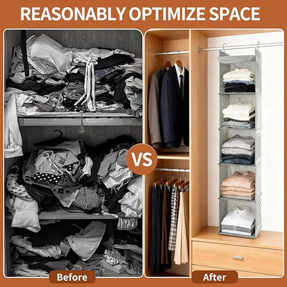 5-Shelf Hanging Closet Organizer and Storage, Closet Hanging Storage Shelves for Clothes, Towels, with Side Pockets and 2 Sturdy Hooks for Storage, Foldable (Grey)