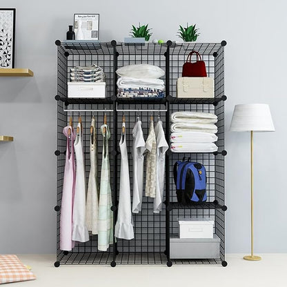 UNICOO® 14x14 Inch Multi Use DIY Bookcase & Shelf | Closet Organizers and Storage Cabinet - 12 Cube Wire Grid Organizer, Wardrobe Closet Organizer, Storage Shelves for Bedroom (12-Black Wire)