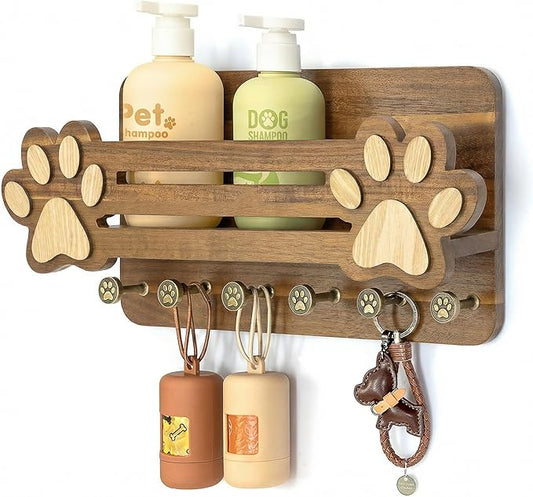 MTERSN Acacia Wood Dog Leash Holder for Wall – Cute Dog Paw Key Holder Wall Mount with Floating Shelf and 6 Hooks, Rustic Mail Organizer for Dog Accessories & Home Decor(Acacia Wood)
