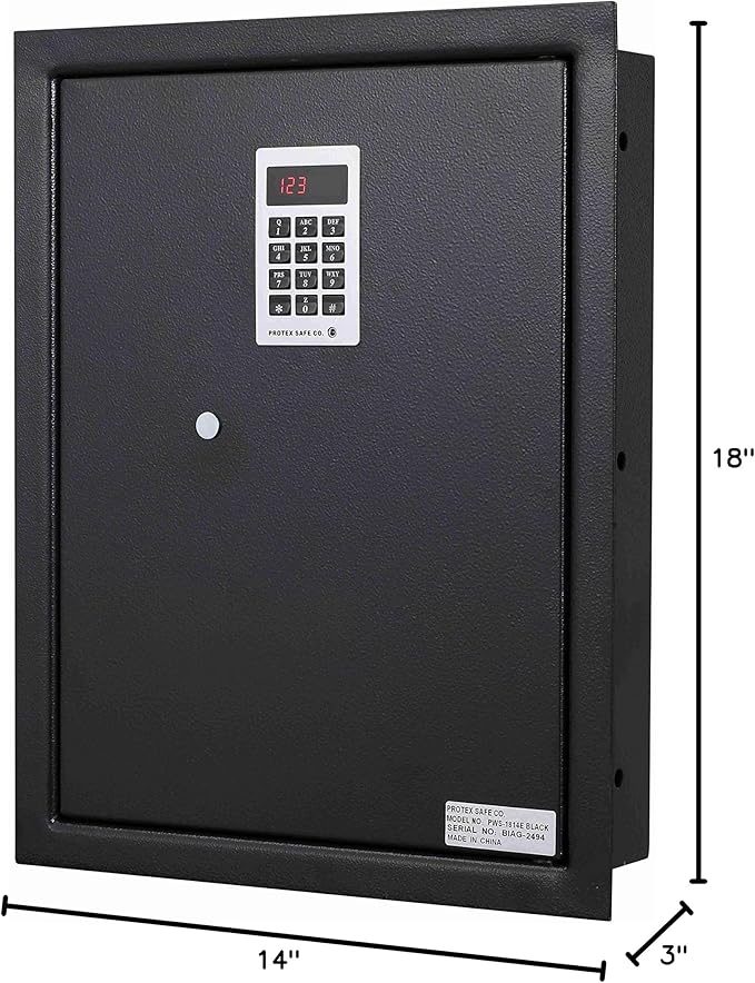 ProtexSafe Electronic Keypad Wall Safe (PWS-1814E)-Black, Burglary Resistant wall safe, digital electronic locking system, velvet interior, automatic door opening, 2 Removable shelves