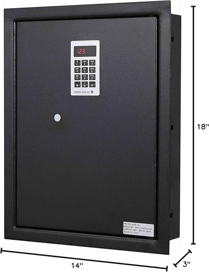 ProtexSafe Electronic Keypad Wall Safe (PWS-1814E)-Black, Burglary Resistant wall safe, digital electronic locking system, velvet interior, automatic door opening, 2 Removable shelves
