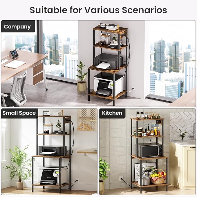 Printer Stand with Charging Station, 49"Tall 4-Tier Printer Stand with Storage, Large Printer Table for Home Office, Kitchen, Living Room, PrinterCart Beside Desk for Printer, Scanner (Rustic Brown)