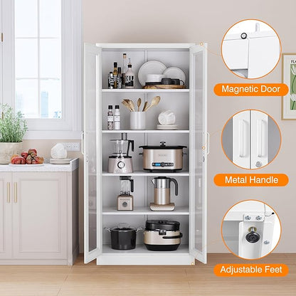 Tall Display Storage Cabinet with Tempered Glass Door, Metal Cabinet with 4 Adjustable Shelves for Home,Study,Living Room and Office (White)