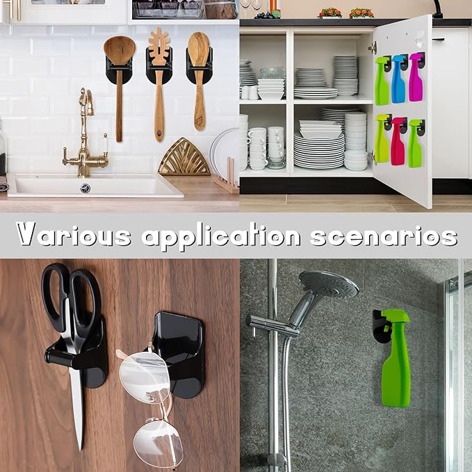 Taiyin 8 Pcs Wall Mount Spray Bottle Hooks Holder Spray Bottle Hanger Adhesive Hook to Create Storage Space Rack Organizer Hanger for Cabinet Kitchen Variety Surfaces (Black)