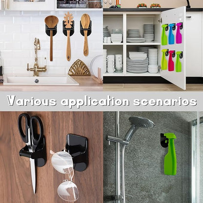 Taiyin 4 Pcs Wall Mount Spray Bottle Hooks Holder Spray Bottle Hanger Adhesive Hook to Create Storage Space Rack Organizer Hanger for Cabinet Kitchen Variety Surfaces (Black)