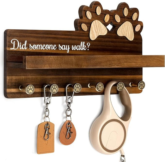 Rebee Vision Dog Leash Holder for Wall with Shelf – Wooden Key Holder Wall Mount with 6 Hooks & Floating Shelf – Cute Farmhouse Home Decor for Entryway, Living Room, Kitchen Decor(Dark Acacia)