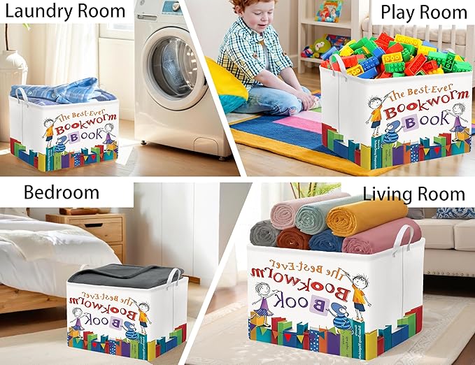 Large Kids Book Storage Bin Collapsible Nursery Toy Basket Canvas Teacher Crate Room Classroom Box Organizer Decor(Color Book)