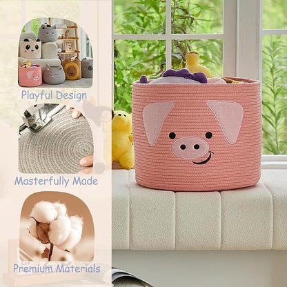 OMERAI Animal Baskets Cotton Rope Woven Storage Basket for Toys Blankets Laundry Nursery, Large Foldable Organizer with Cute Pig Design and Handles, 15"D x 12.6"H (Pink)
