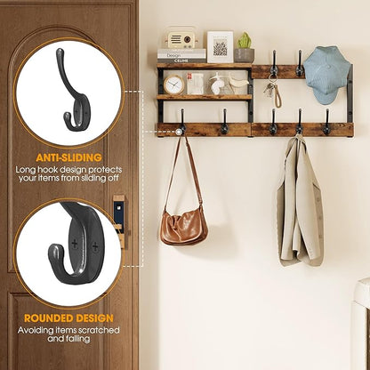 Homeiju 28.7" Coat Rack Wall Mount with Shelf, Key Hooks for Wall with Shelf, Coat Hooks Wall Mounted with 8 Heavy Duty Double Hooks for Bedroom,Living Room, Rustic Brown (8 Hooks)