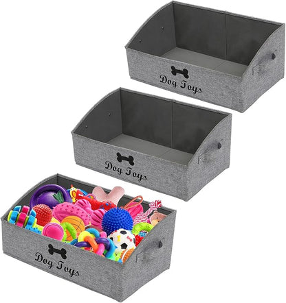 Geyecete 3 Pack Large dog toy bin dog toy box storage box - Foldable Fabric Trapezoid Organizer Boxes with Handle for Dog Toys (Snow Gray-DOG)