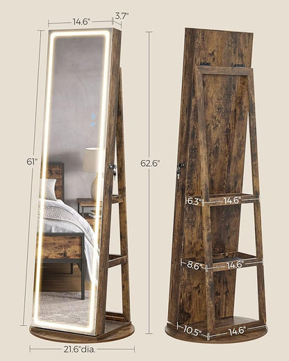 SONGMICS LED Jewelry Cabinet Standing, Lockable Armoire With Full-Length Mirror and Adjustable Lights, Space-Saving Organizer, Gift Idea, Rustic Brown UJJC008X01