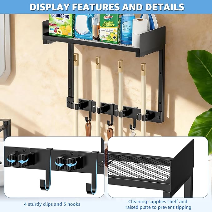 Broom Holder Wall Mount, 15" Large Mop and Broom Organizer Wall Hanging with Top Storage Shelf, Heavy Duty Iron Utility Rack for Laundry Room, Garage, Kitchen, Garden - Black