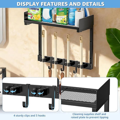 Broom Holder Wall Mount, 15" Large Mop and Broom Organizer Wall Hanging with Top Storage Shelf, Heavy Duty Iron Utility Rack for Laundry Room, Garage, Kitchen, Garden - Black