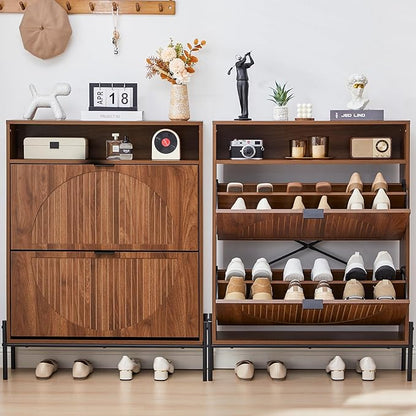 Fluted Shoe Cabinet with 2 Flip Drawers, Narrow Shoes Storage Organizer Rack with Circle Design Panel for Entryway Hallway (Walnut)