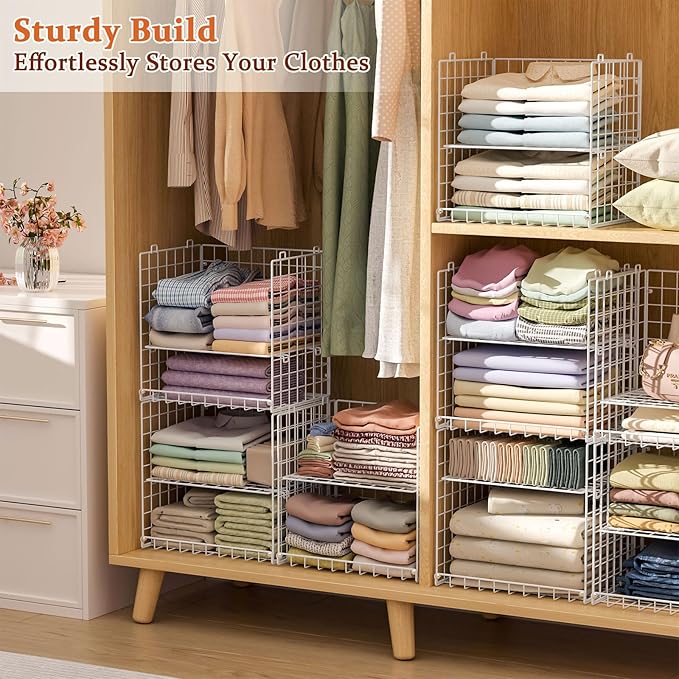 8-Tier Stackable Closet Organizers, Foldable Wardrobe Basket, Metal Closet Organizer and Closet ShelvesWhite