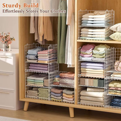 8-Tier Stackable Closet Organizers, Foldable Wardrobe Basket, Metal Closet Organizer and Closet ShelvesWhite