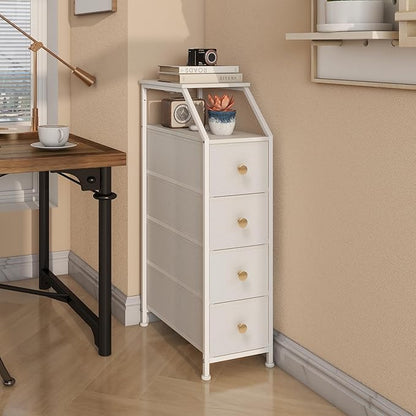 Tohomeor Narrow Dresser Tall Skinny Storage Tower Vertical Slim Chest of Drawers with Charging Station Small Nightstand Side Table for Bedroom, Bathroom, Small Spaces (White, 4 Drawers)