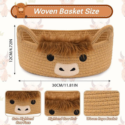 3 Pcs Oval Highland Cute Cow Basket for Nursery, Small Woven Rope Gift Basket, Soft Cotton Decorative Storage for Gifts Empty, Baby Shower Blanket 0rganizer Shelves Towel Bins, 12" D x 5" H