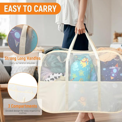 Collapsible Laundry Baskets with 3 Compartment, 150L Tear-proof Pop Up Hamper, Foldable Laundry Basket with Tote Handles, Dirty Clothes Hamper for Laundry, Bedroom, Bathroom, Dorm Beige