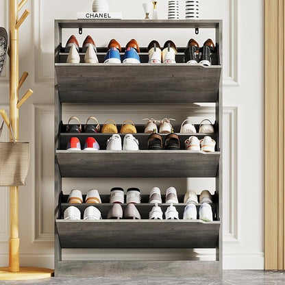 Shoe Storage Cabinet for Entryway with 3 Flip Drawers, Sturdy Wood Hidden Shoe Storage, Freestanding Narrow Slim Shoe Organizer for Front Door Entrance, Living Room, Hallway, Bedroom, Grey