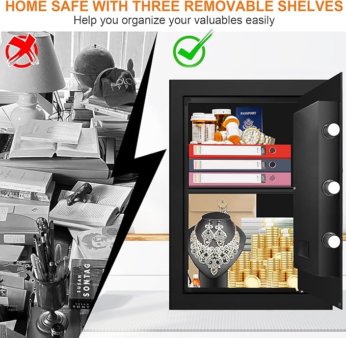 3.4 Cub Large Safes for Home, Security Fire Safe Box with Spare Keys, Alarm System, Digital Keypad and Removable Shelf, Anti-Theft Fireproof and Waterproof Safe Home for Document Medicine Valuables