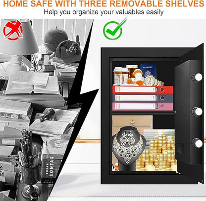 3.4 Cub Large Safes for Home, Security Fire Safe Box with Spare Keys, Alarm System, Digital Keypad and Removable Shelf, Anti-Theft Fireproof and Waterproof Safe Home for Document Medicine Valuables