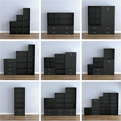 Homes: Inside + Out Apexa 4-Cube Storage Organizer Shelves, Stackable Wood Bookcase Fits Cubby Bins for Organization, Dorm Teen Room Decor & Home Office, Black