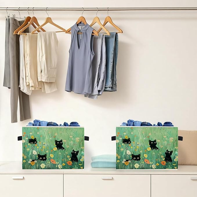 Floral Black Cat Green Meadow Storage Box Bins, Wildflower Filed Black Cat Collapsible Storage Basket Organizer for Girls Bedroom Laundry Room Home Clothes Toys Books, Toybox for Girls