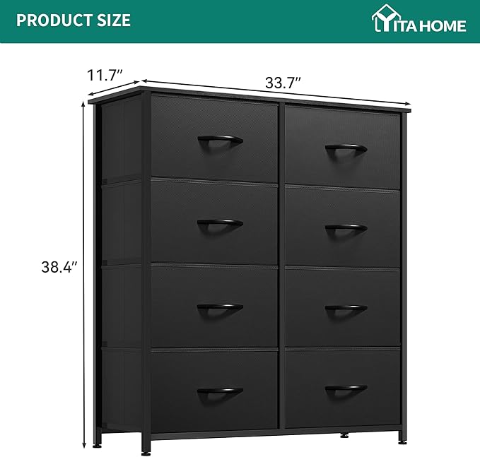 YITAHOME Fabric Dresser with 8 Drawers, Tall Dresser with Fabric Bins, Storage Tower Unit, Chest of Drawers for Living Room, Hallway, Black