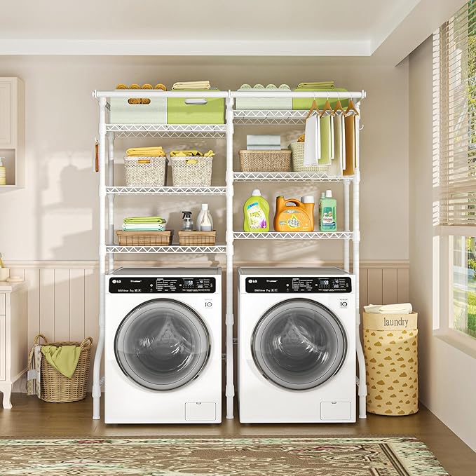 Ulif U13 Over Washer and Dryer Storage Shelves, 6 Tiers Laundry Room Standing Shelf with 2 Hanger Rods, Space Saver Clothes Drying Rack, 63.4" W x 22" D x 77.4" H, White