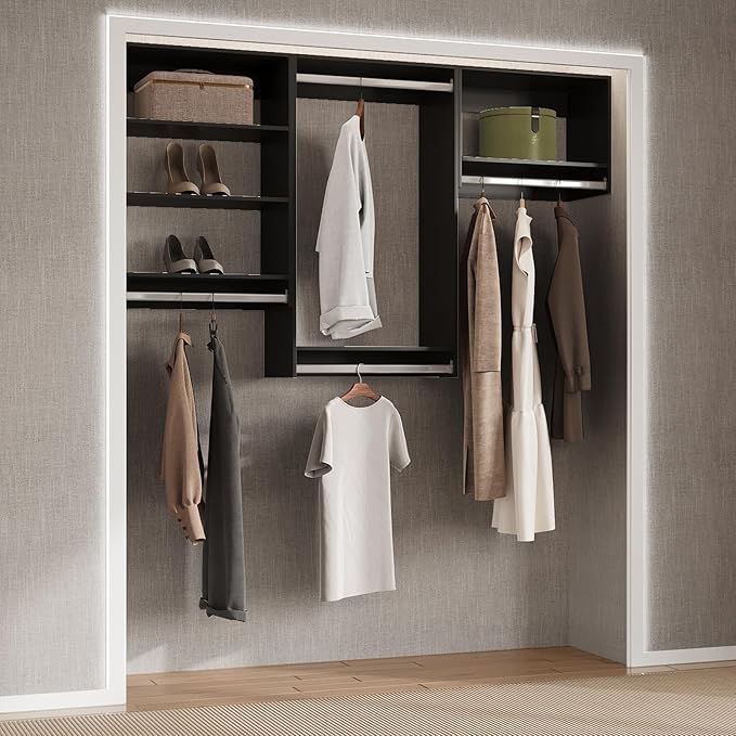 Modular Closet Organizer - 60" Wide Tower with Hanging Shelves, Wall-Mounted Wardrobe Kit for Walk-In Closets, Black