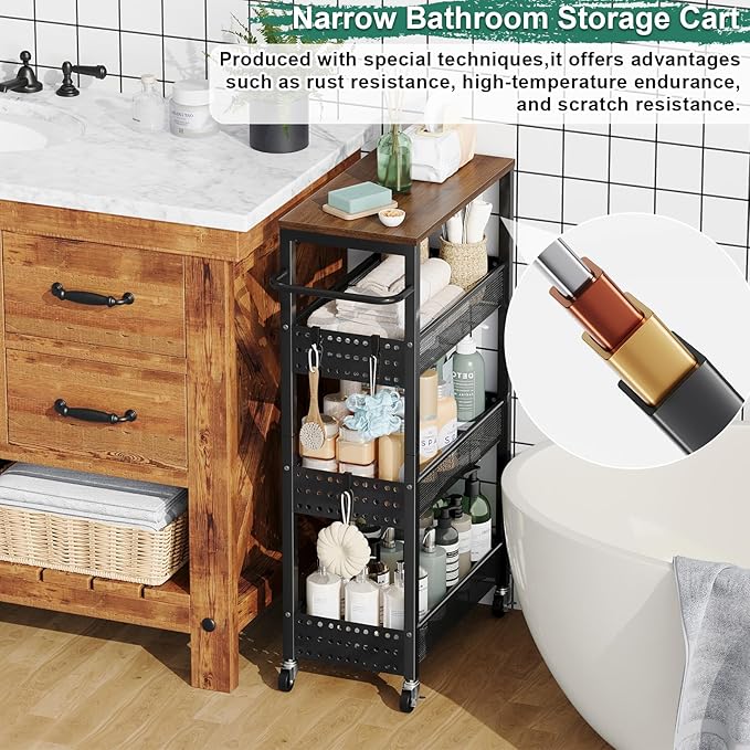Utility Slim Storage Cart, 4-Tier Narrow Bathroom Organizer and Storage Cart, Metal Narrow Kitchen Laundry Room Organization Rack with Wood Top, Slim Rolling Shelf with Wheels for Small Space