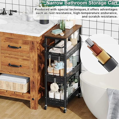 Utility Slim Storage Cart, 4-Tier Narrow Bathroom Organizer and Storage Cart, Metal Narrow Kitchen Laundry Room Organization Rack with Wood Top, Slim Rolling Shelf with Wheels for Small Space
