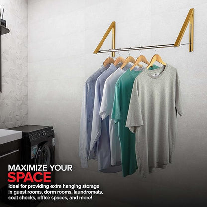 Double Foldable Clothing Rack w/ Extension Rod, Wall-Mounted Retractable Clothes Hanger for Laundry Dryer Room, Hanging Drying Rod, Small Collapsible Folding Garment Racks, Dorm Accessories (Gold)