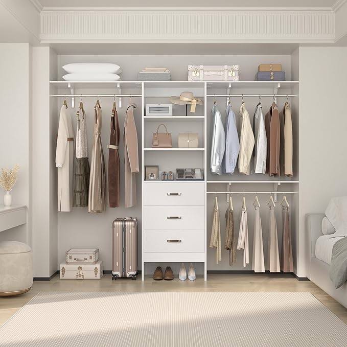 Closet System with Drawer - 8FT Wood Closet Organizer System with 3 Hanging Rods and Shelving Tower, 96" Walk In Closet Organizer Wardrobe, White