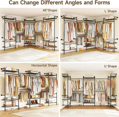 U5 Wall Mounted Closet System, Industrial Pipe Clothing Rack Garment Racks for Hanging Clothes, Heavy Duty Closet Organizers System in Wardrobe Closet, Black