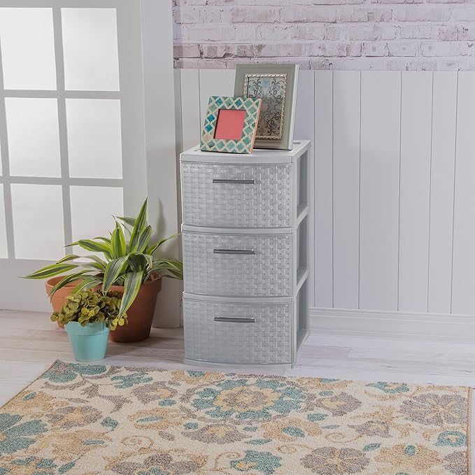 Sterilite 2 Pack 3 Drawer Storage Tower, Plastic Weave Medium Organizer, Cement - Lightweight Opaque Container for Bedrooms, Closets, or Bathrooms