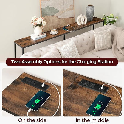 78.7" Console Table with Power Outlet, 11.8" Wide Narrow Sofa Table, Industrial Entryway Table with USB Ports, Behind Couch for Entryway, Hallway, Foyer, Living Room, Rustic Brown CTHR320E01