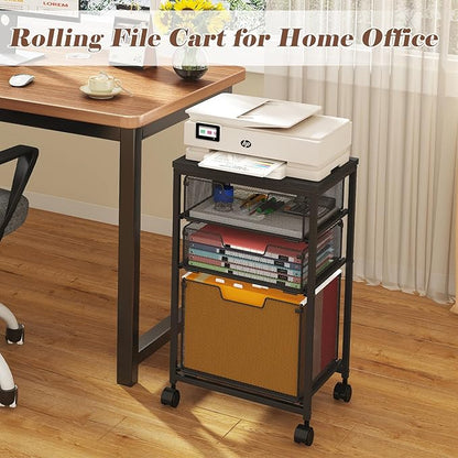 Rolling File Cart with 3 Drawers, Mobile Filing Cabinet for Home Office, Under Desk Storage Organizer with Wheels, Hanging Folder Holder Utility Cart Printer Stand, Black